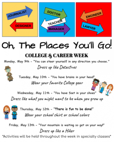 College and Career week. Monday dress up like a detective, Tuesday Wear your favorite college gear, Wednesday Dress up like what you want to be when you grow up, Thursday wear your school tshirt or colors, Friday dress like a hiker.