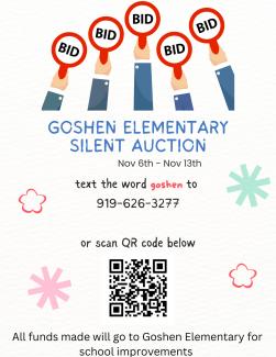 Goshen Elementary Silent Auction text the word goshen to 9 1 9 6 2 6 3 2 7 7 or scan the q r code